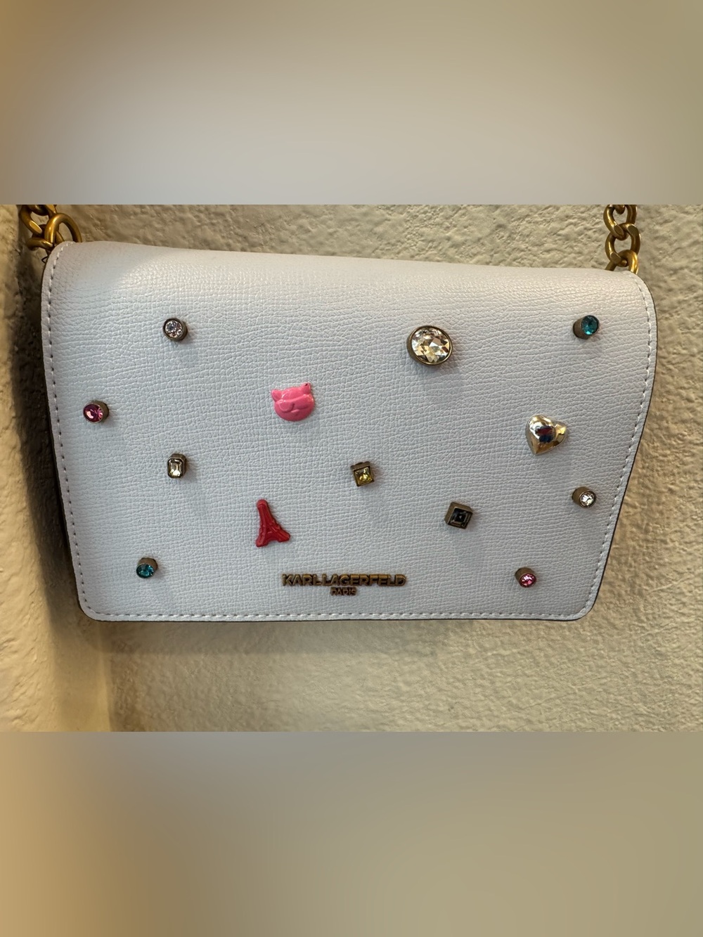 Karl Lagerfeld Paris Light Blue Crossbody Bag with Studs Cat Eiffel Tower